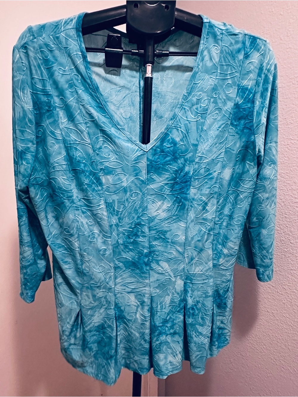 Sami & Jo XL Women's Aqua Blue Embroidered Textured V-Neck Top 3/4 Sleeve Tunic